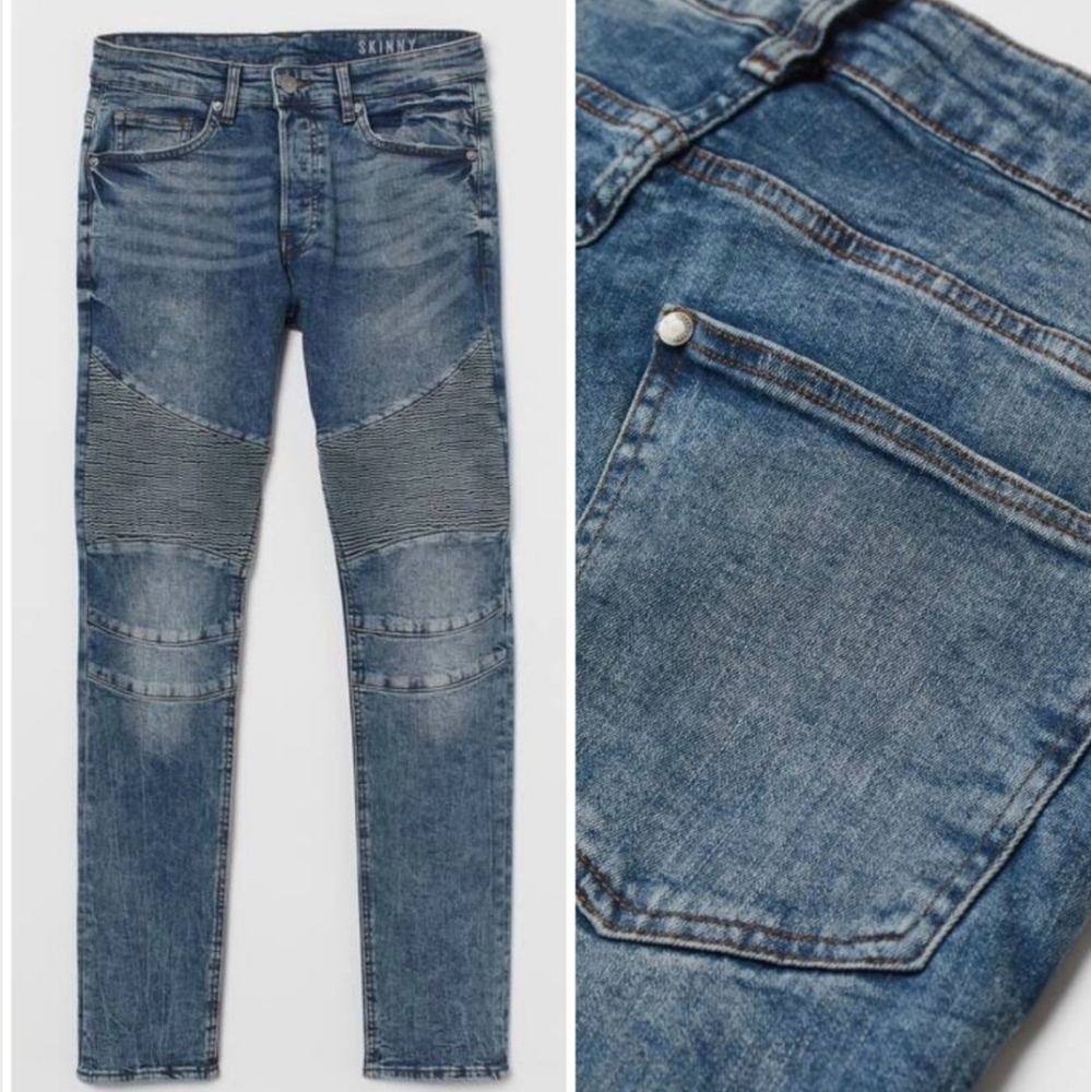 &Denim Men Distressed Wash Moto Skinny Jeans